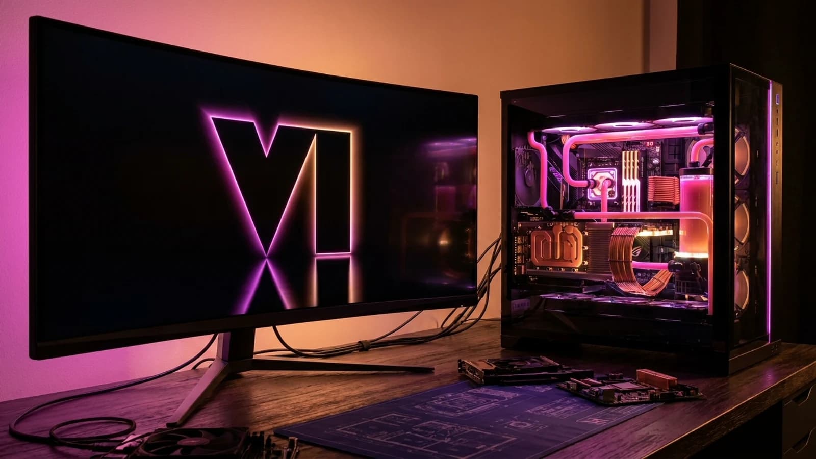 Editorial composite based on the official VI emblem, shown on a high-end PC gaming workstation.