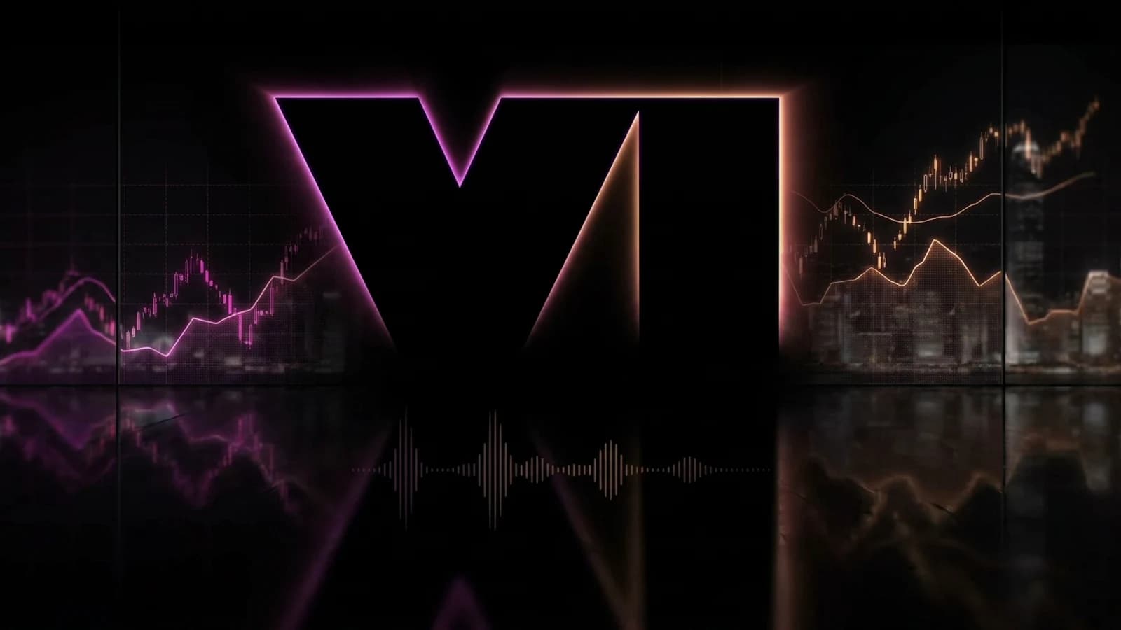 Editorial composite based on the official VI emblem, surrounded by market charts and a conference-call waveform.