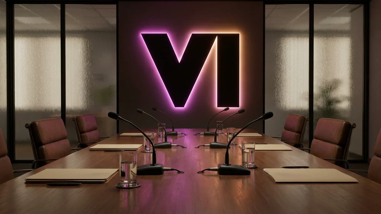 Editorial composite based on the official VI emblem, overlooking an empty labor-negotiation table.