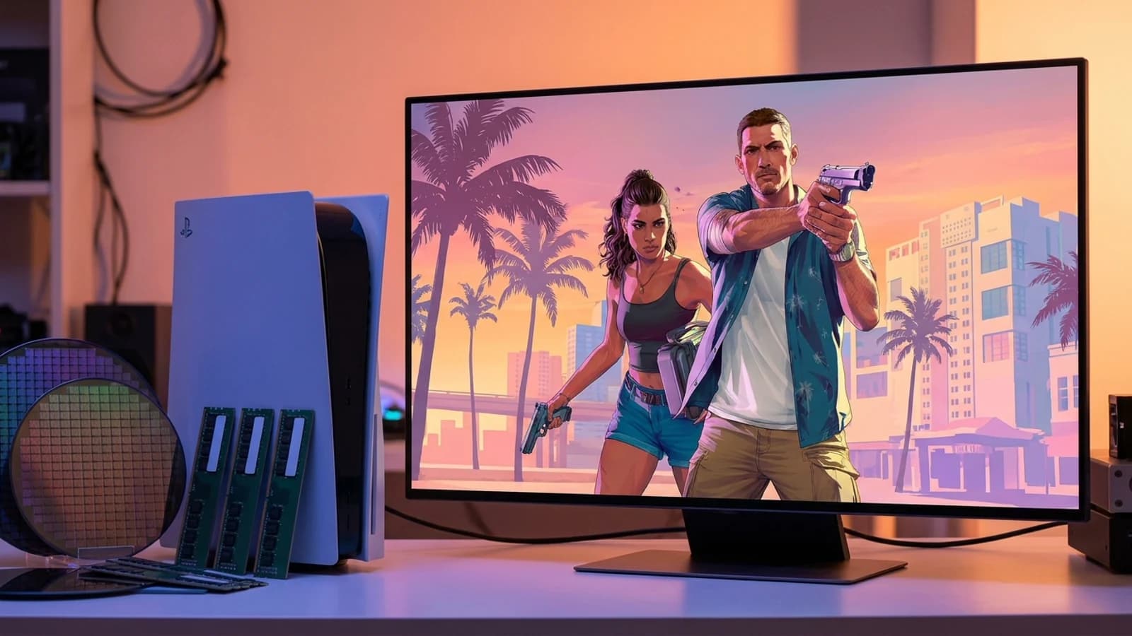 Editorial composite based on official GTA VI key art, pairing a PS5-style console with memory modules and semiconductor wafers.