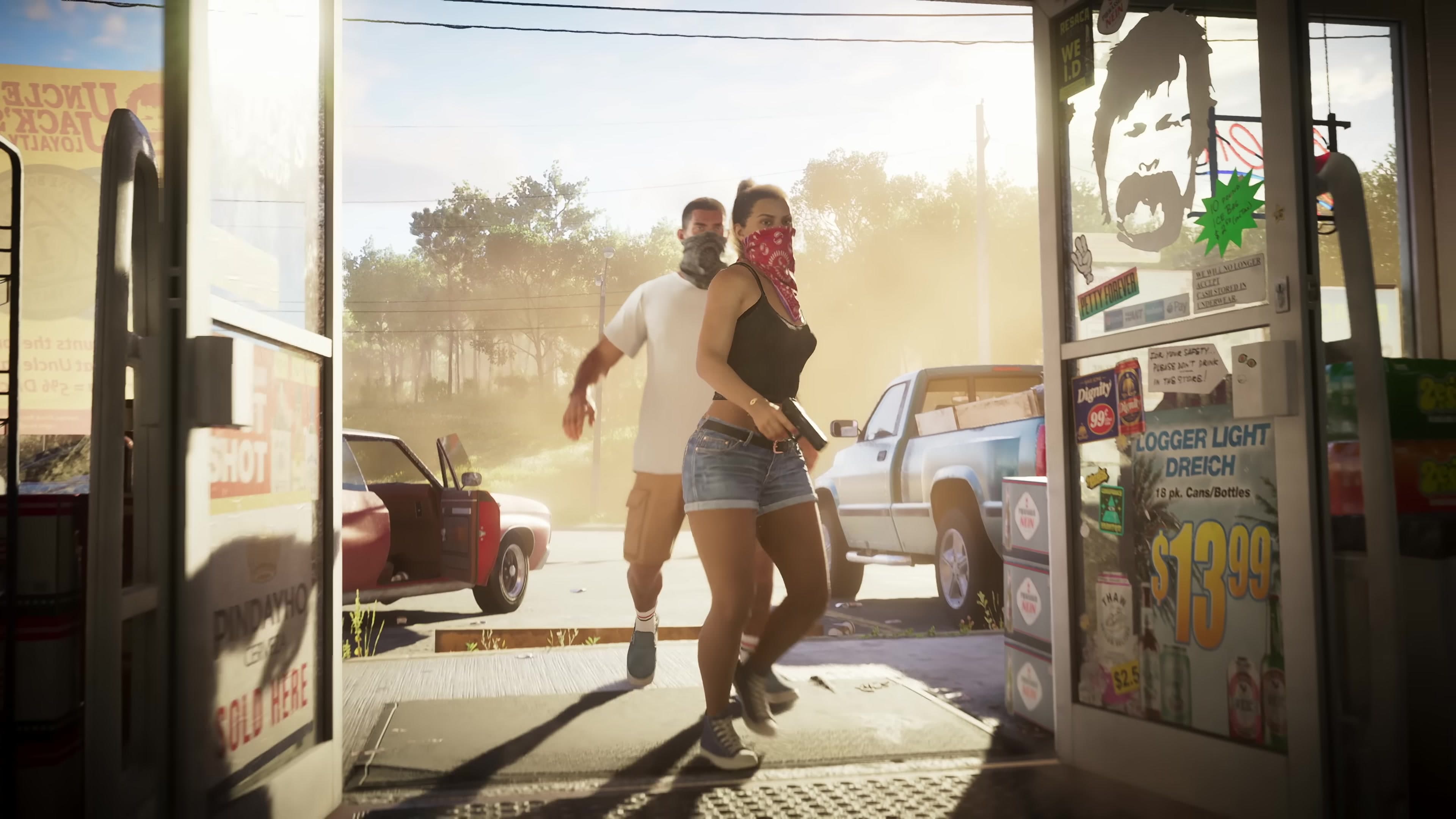 Two characters running near a store front