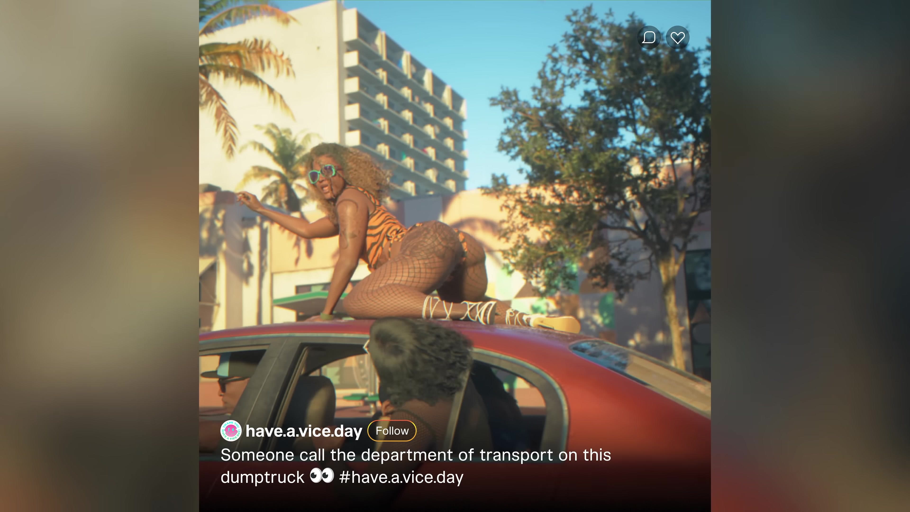 In-game social-media post mockup — woman on car hood ("have.a.vice.day")