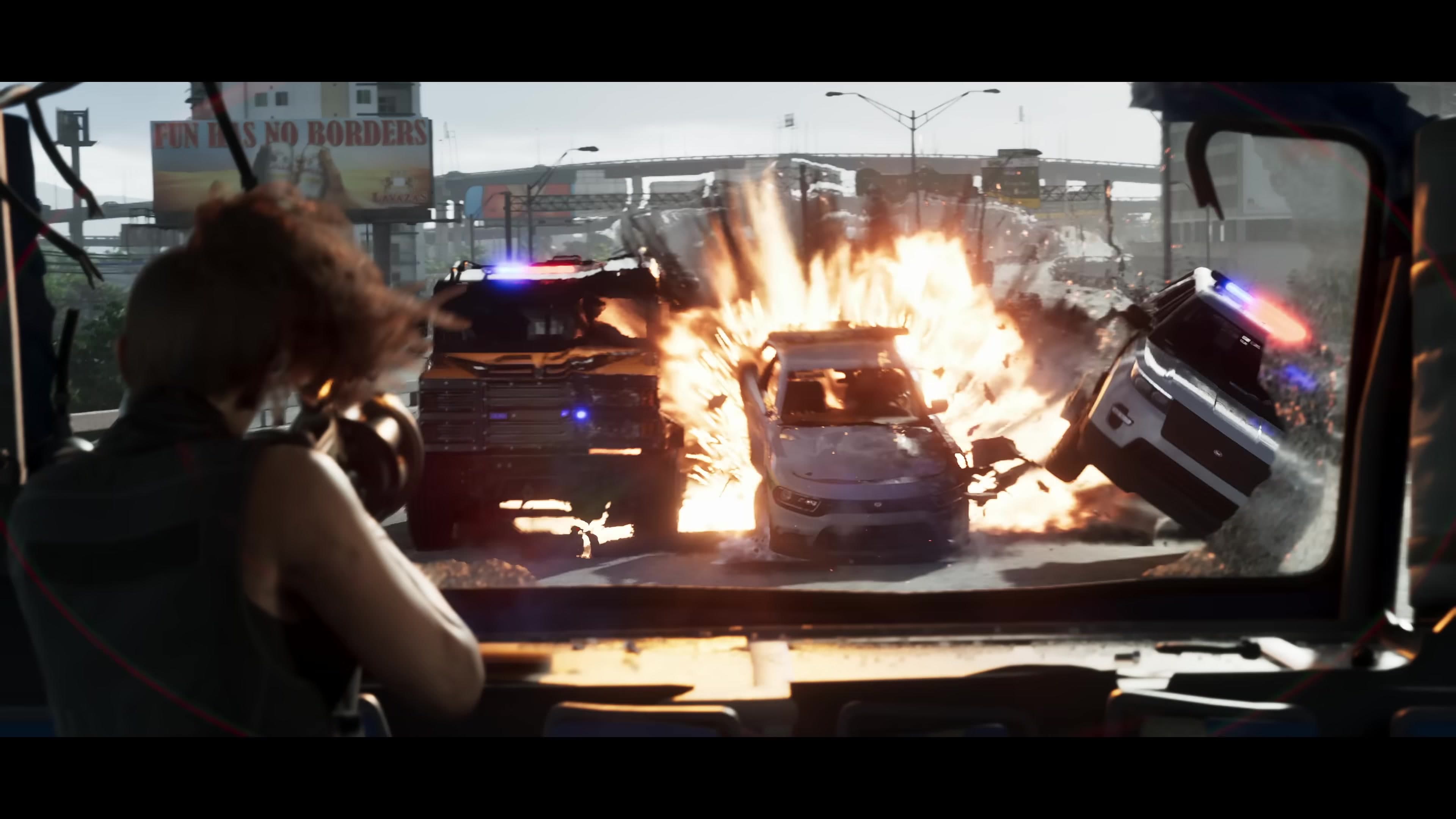 Fiery car chase through a building, ending in an explosion