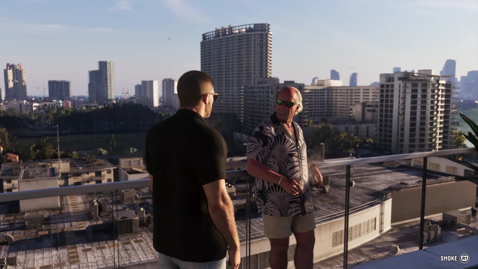 El horizonte de Vice City desde una azotea — GTA VI