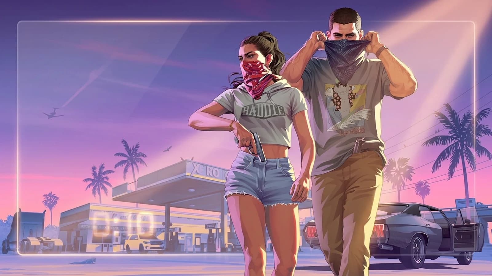 Editorial composite based on official GTA VI artwork, with Jason and Lucia framed by subtle streaming-premiere lighting.